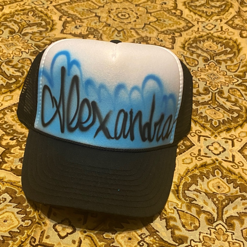 Custom Airbrushed Cursive Design Trucker Hat with the Name Alexandra in Blue